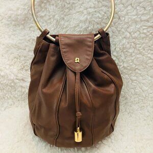 RARE 70s Roberta di Camerino Brown Leather Bucket Bag w Metal Ring Handle